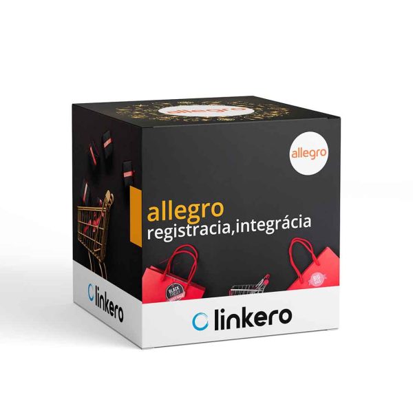 Znázorňuje krabičku čiernej farby s produktom a logom linkero.sk, allegro. znázorňujúca proces registrácie a nastavenia účtu na Allegro pre rýchly začiatok predaja.