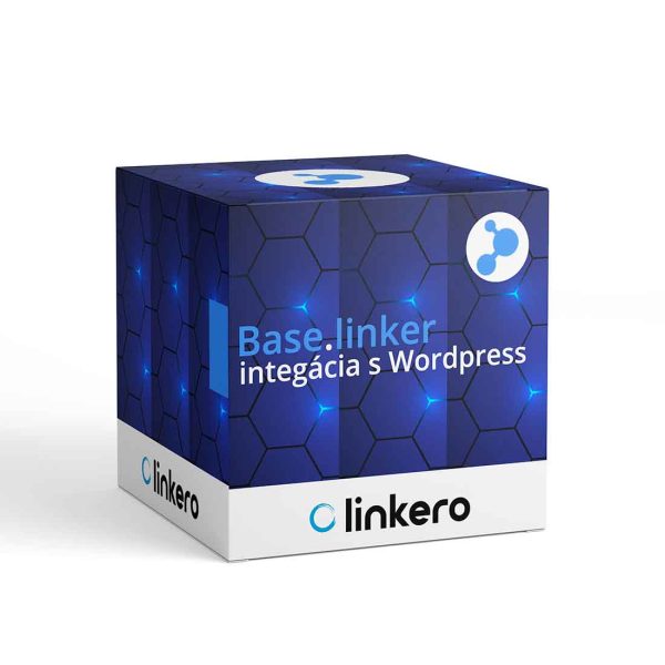 Znázorňuje krabičku modrej farby s produktom a logom linkero.sk, Baselinker. znázorňujúca integraciu s wordpress