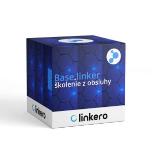 Znázorňuje krabičku modrejej farby s produktom a logom linkero.sk, Baselinker. znázorňujúca školenie platformy BaseLinker – interaktívne cvičenia, demo účet a optimalizácia obchodných procesov.
